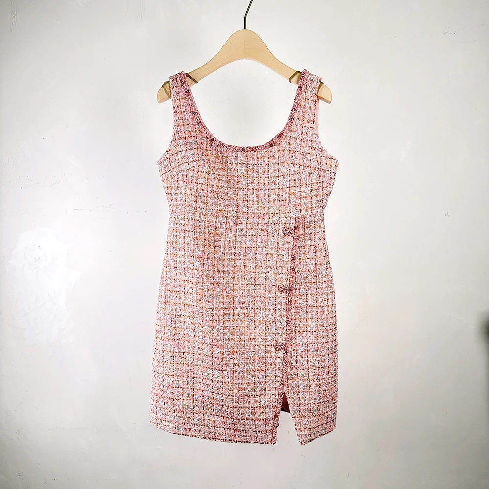 

2024 New Luxury Summer Pink Beading Tweed Small Fragrant Dress Sweet Women O Neck Sleeveless Vest Plaid Split Mini Vestidos