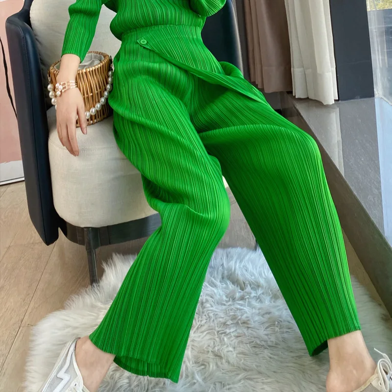 Pleated Harem Pants For Women Irregular Wide Leg Pants Elastic High Waist Loose Style Female Elegant Trousers 2024 Spring Pants