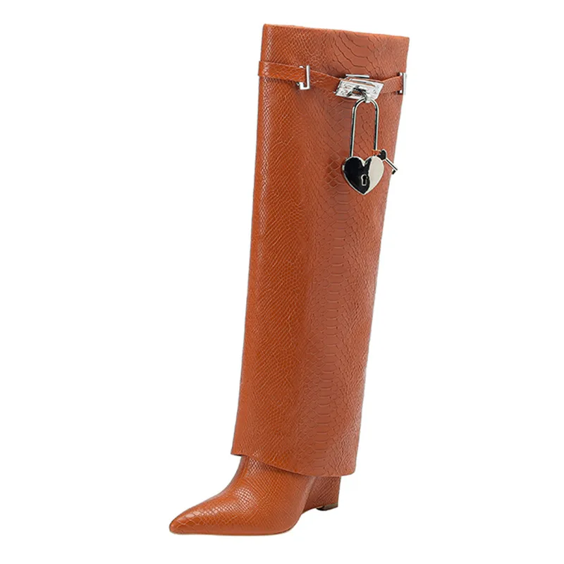 2023 Winter New Pointed High Heel Crystal Wedge Heel Large Peach Heart Buckle Knee Long Boots and Trouser Sleeve Boots