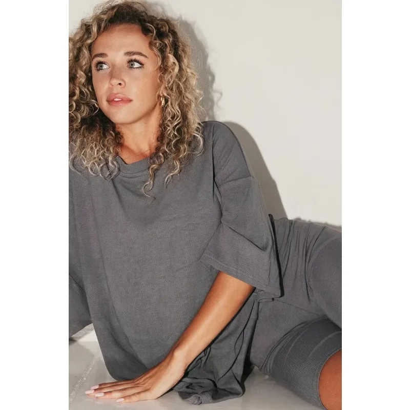 Sportswear Women Shorts Suit Summer Two Pieces Set Short Sleeve Long Tops Slim Shorts Solid Oversized Sport Sets Casual Clothing