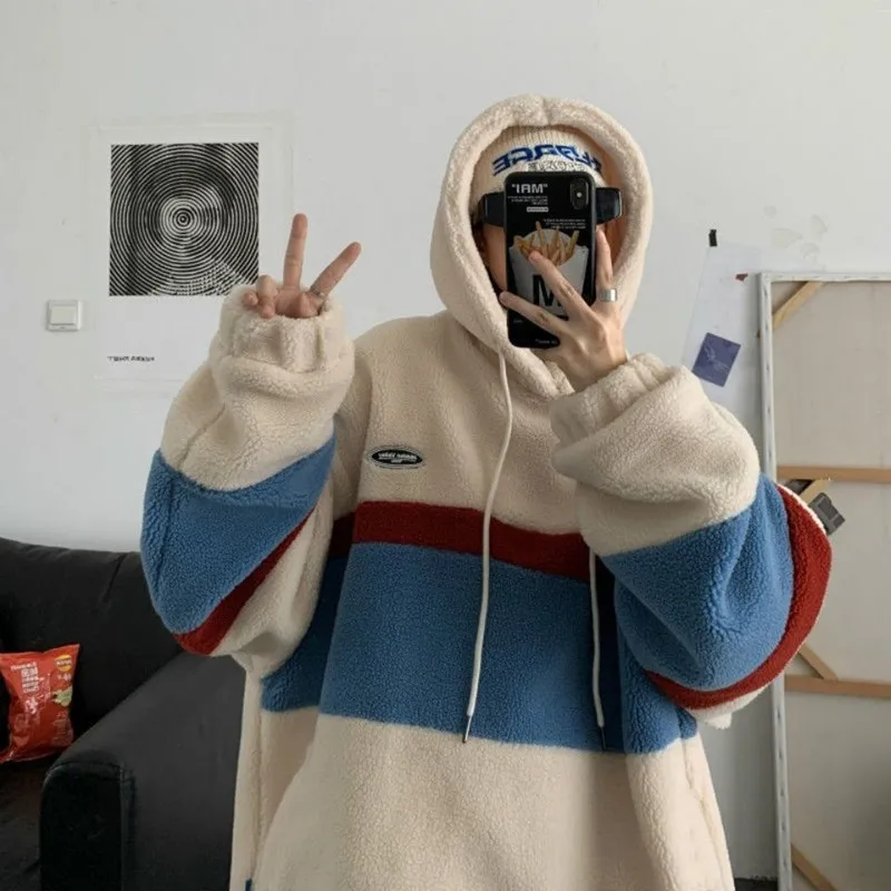 

2022 New Fashion Fleece Hoodie Men's Fashion Patchwork Striped Hooded Sweater Men's Loose Jacket Student Casual Top