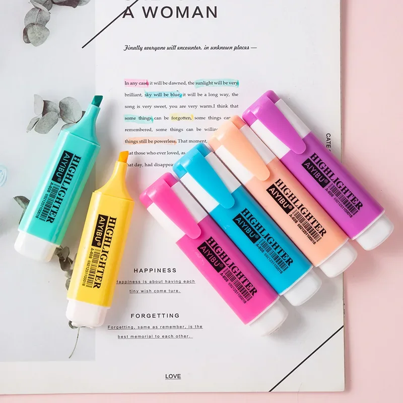 6 Color/Set Kawaii Oblique Highlighters Large Capacity Student Colored Matte Fluorescent Note PenThick Markers highlighter marker highlighter pen marker pen