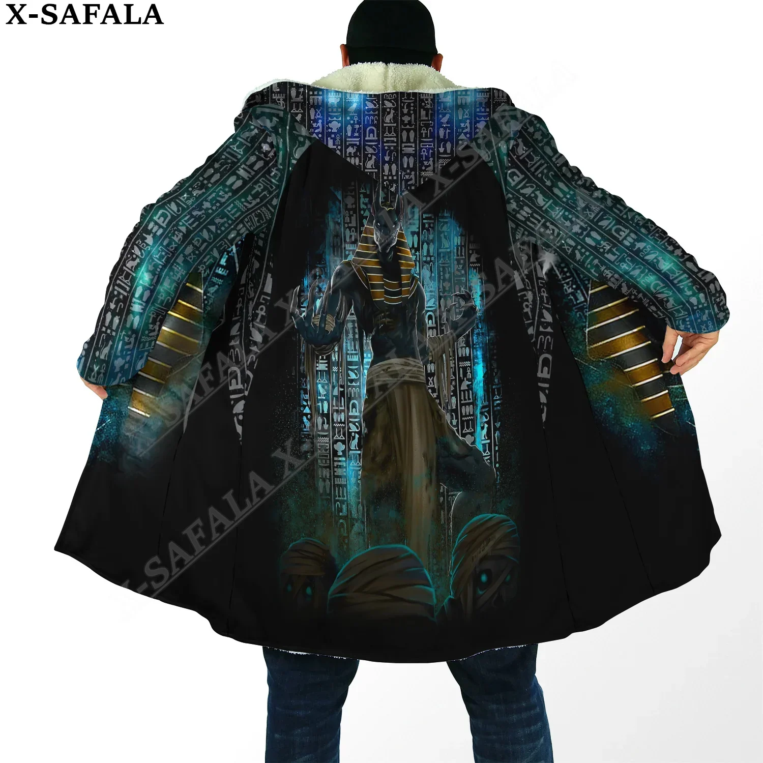 

Egyptian Ancient Anubis Gods Overcoat Coat 3D Print Thick Warm Hooded Cloak Men Windproof Fleece Unisex Casual-3