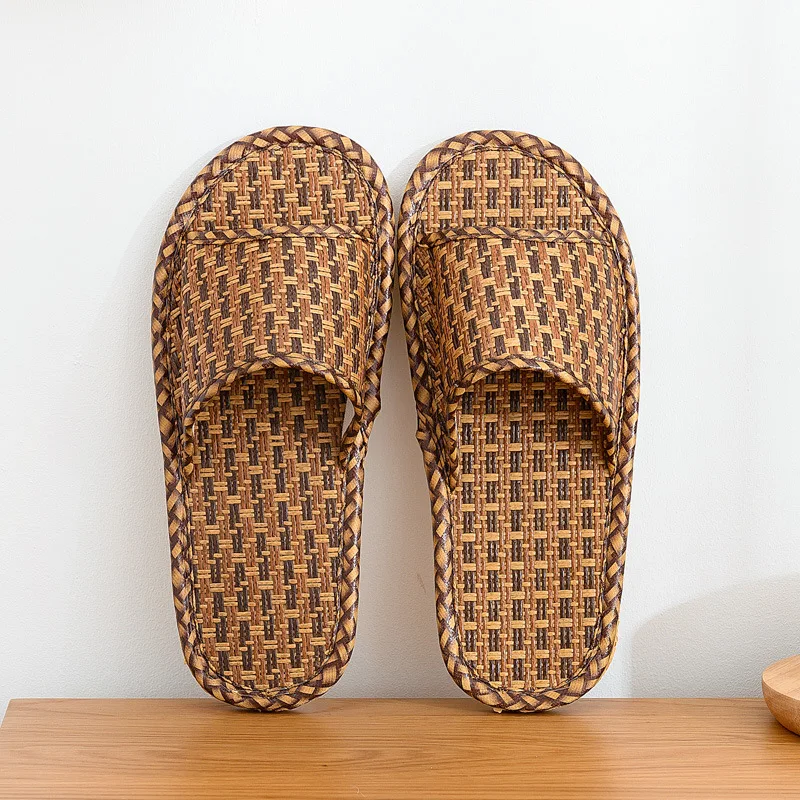 Rattan Home Linen Slippers for Women Men Summer Wisteria Woven Cooling Floor Indoor Slides Unisex Bedroom Shoes Zapatillas Mujer