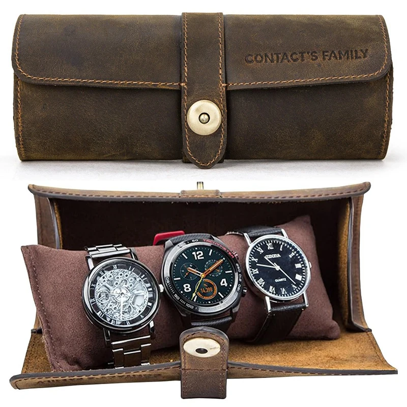 Leather Watch Box uxury Handmade Watch Roll Box Organizer 3 Slots Travel Leather Case Holder Storage