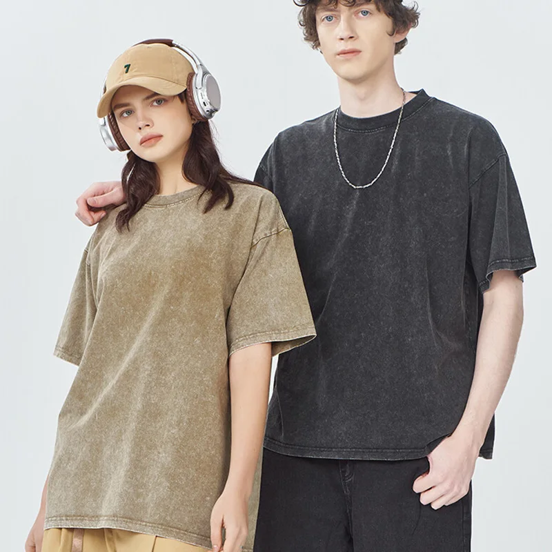 Classic Vintage-Style Distressed Heavyweight Cotton T-shirt with Custom Logo