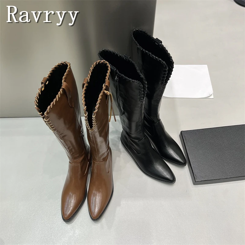 

Pointed Toe Thick Heel Long Boots Women Casual Brand Design Knee High Punk Boots Luxury Fashion Week Knight Boots