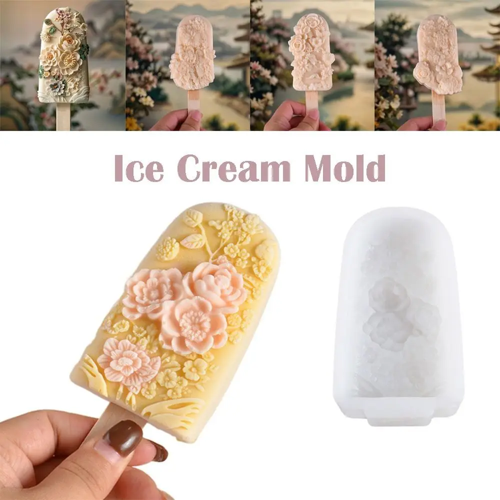 Food Grade Ice Cream Mold Chinese Carved Flower Durable Popsicle Mold Soft Silicone Food DIY Homemade Ice Cream Tools