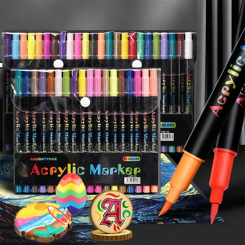 48Color Professional Art Use ual-Tip Acrylic Pens Markers,Dual-Tip Fine and Brush Tip Pens,Suitable for Stone, Wood, Calligraphy 1