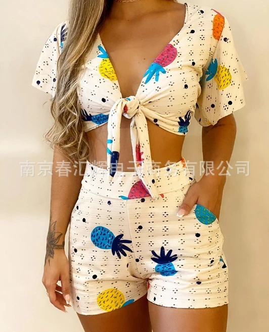Women's Two Piece Set Elegant Summer Vacation Fashion V-neck Short Sleeve Knot Tie Details Vest Tops and High Waist Shorts Set