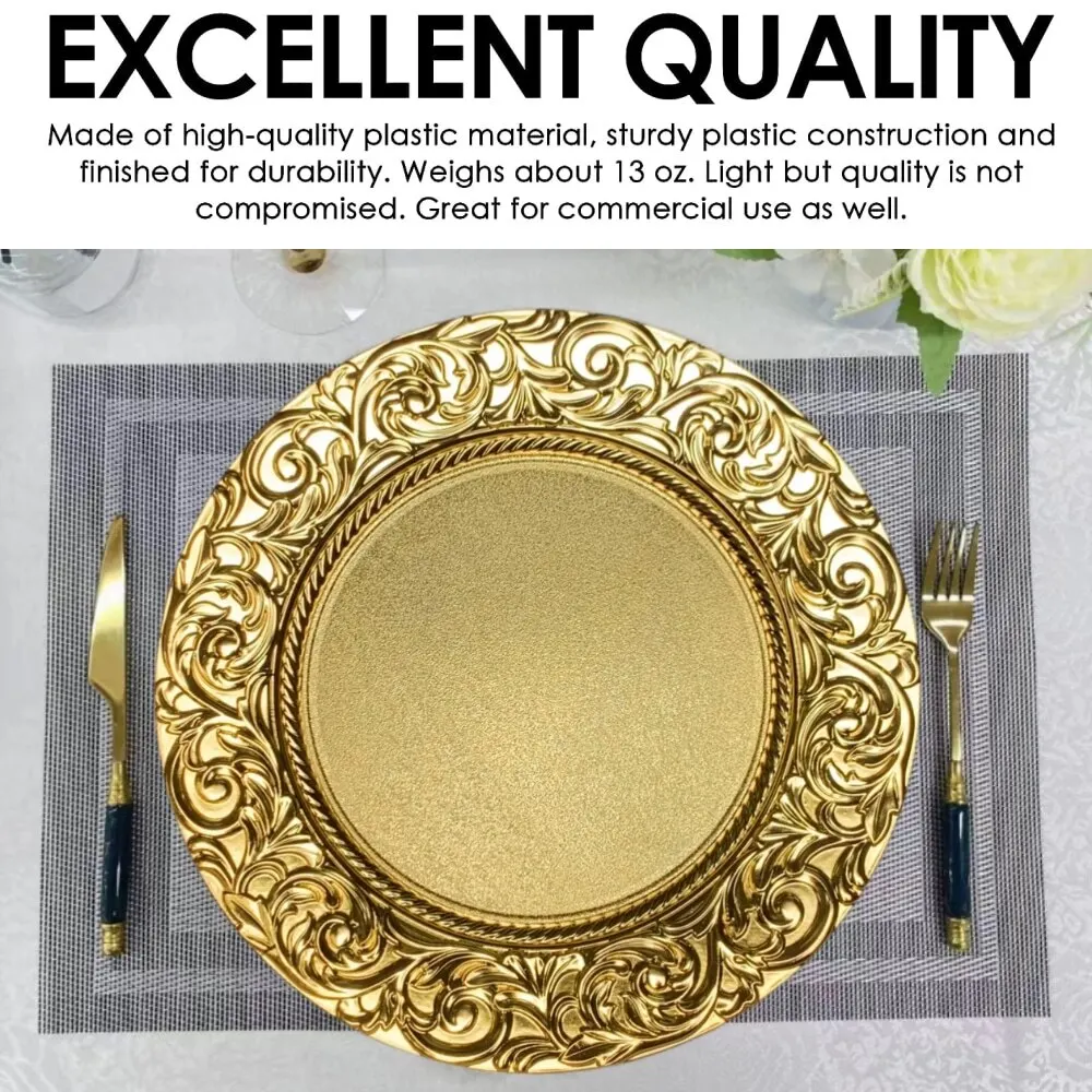 Plastic Plates 6pcs Plastic Gold Charger Plates 13" Round Patterned Placemat For Wedding Christmas Decor Table