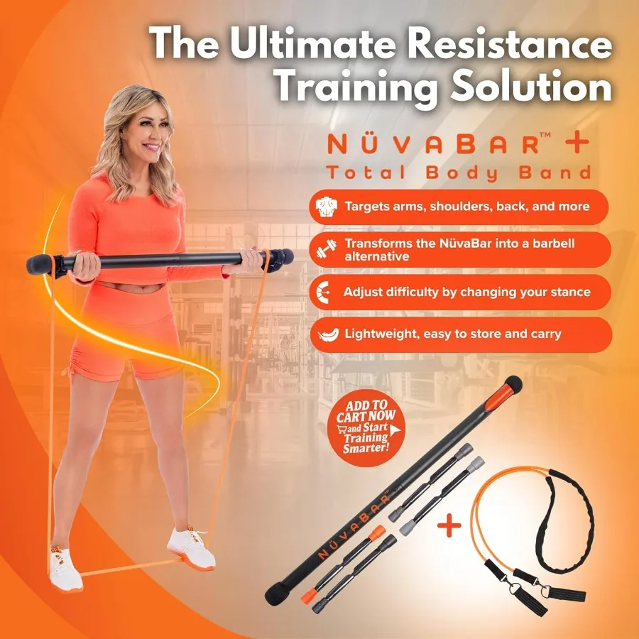 NüvaBar Portable Resistance Band Bar System – Full Body Workout Equipment for Home, Gym, Travel – Optional Total Body Band & Ext