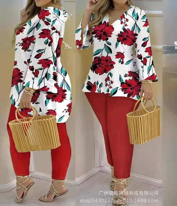 Two Piece Set for Women 2024 New Fashion V-Shaped Collar Long Sleeve Plus Size Abstract Print Bell Sleeve Top & Pants Set