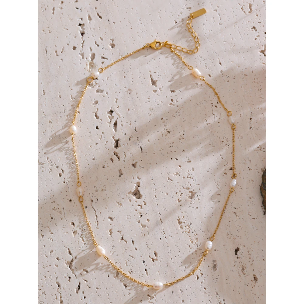 Yhpup Necklace Natural Freshwater Pearl Thin Chain Handmade Waterproof