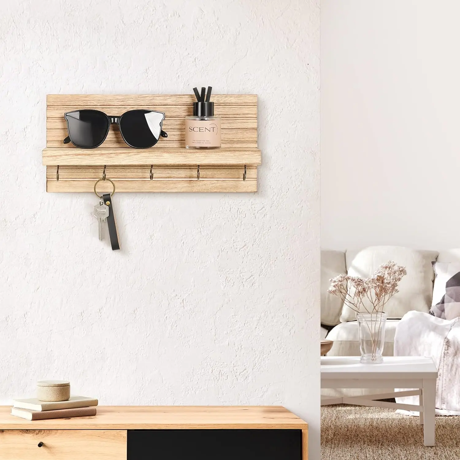 Decorative Key Holder for Wall with Shelf, Entryway Shelf with Hooks Holds Leashes, Jackets and Glasses – Sturdy Wood Key Holder 4