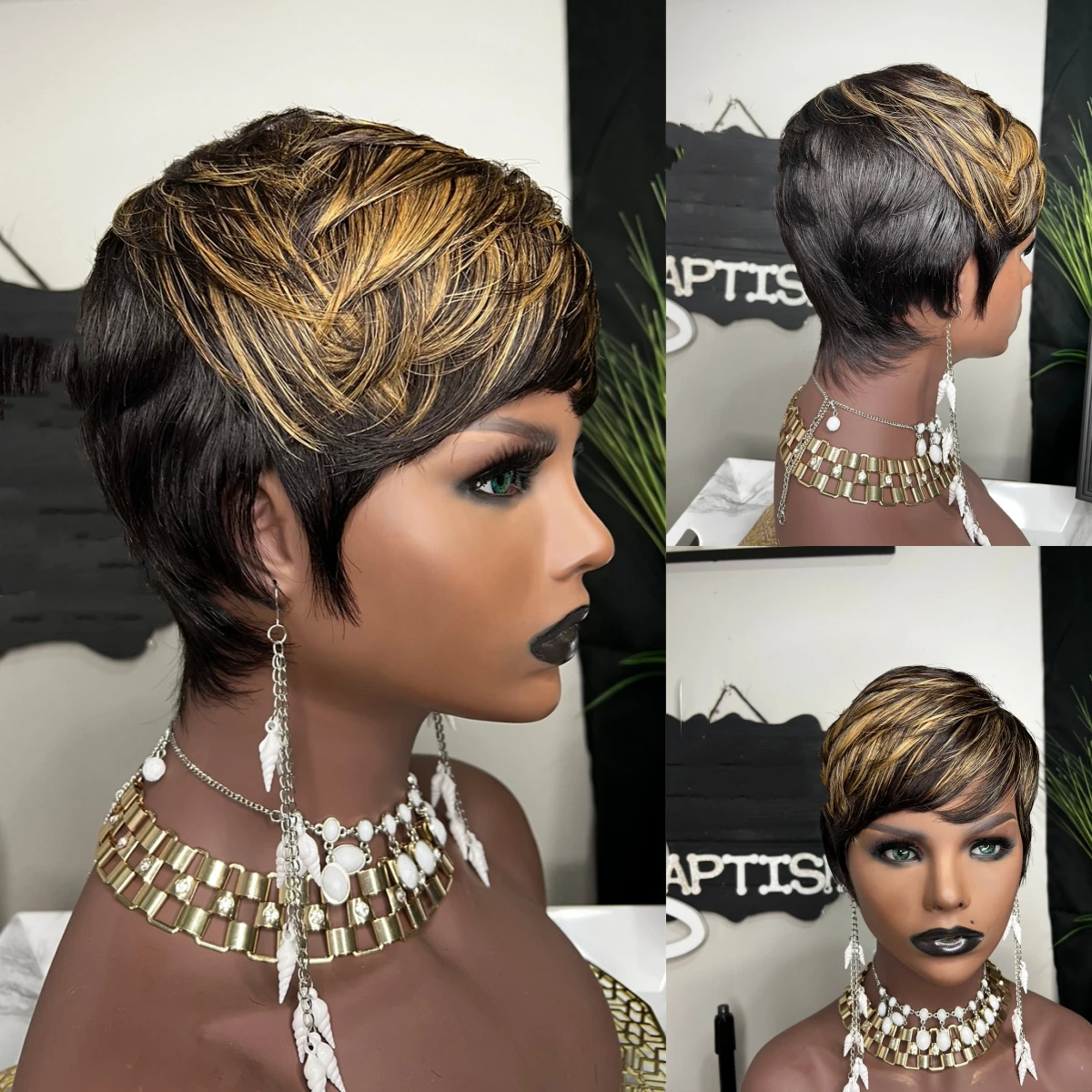 

Ombre Black Blonde Honey Gold Highlight Synthetic Cheap Wigs Short Straight Pixie Cut Hair Bob Wig Hair For Black Woman