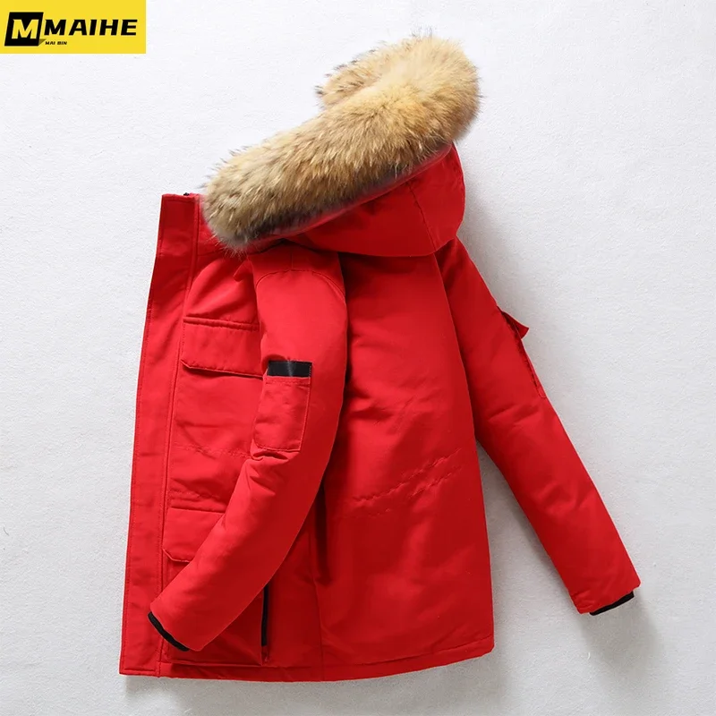 Men Luxury Down Jacket Long Winter Warm Lightweight Removable Fur Collar Hooded White Duck Padded Parka