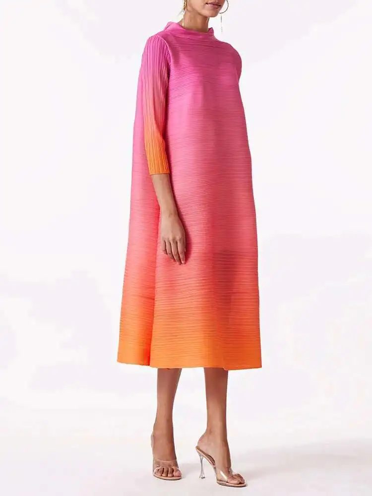 LANMREM Fashion Pleated Dress Gradient Color Women Turtleneck Long Sleeves Pink Orange Dresses Female Clothing 2024 New 2YA773b - Image 5