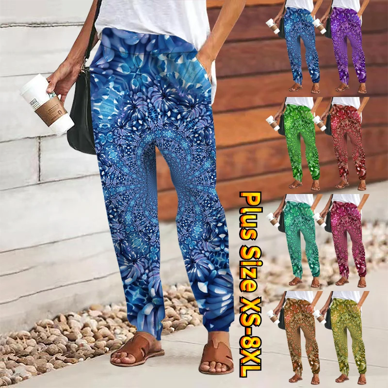 

2023 Full Length Comfort Loose Fit Women's Wide Leg Pants Trousers Floral Print Pants Fashion Holiday Weekend Side Pockets 8XL