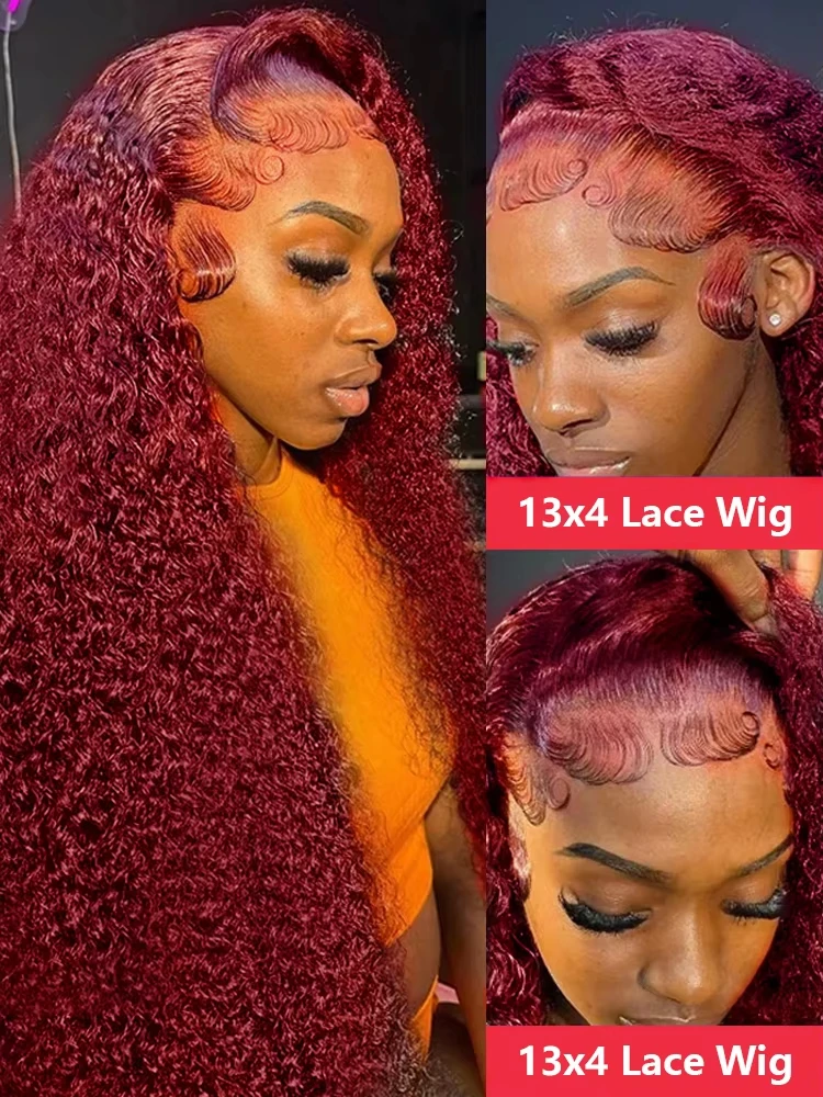 250 Density 13x4 Curly 99J Burgundy Lace Front Wig Red Wine Colored 30 40 Inch Deep Wave 13x6 HD Lace Frontal Human Hair Wigs