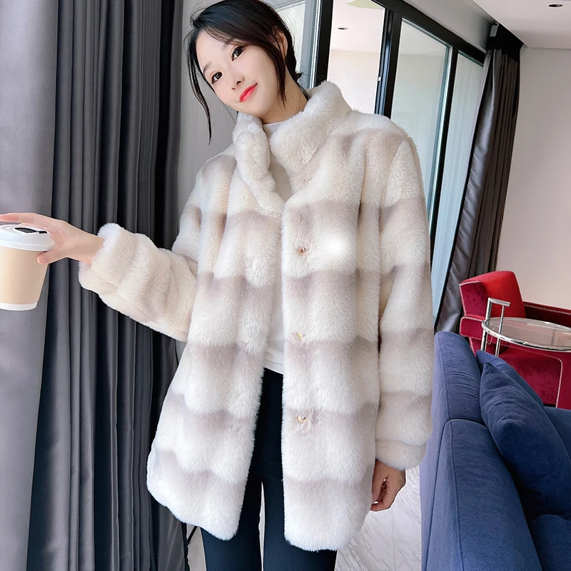 Faux Fur Coat with Stand Collar for Women Warm Fur Jacket Vintage Fluffy Overcoat Female Gradient Clothes Winter Coat 2023