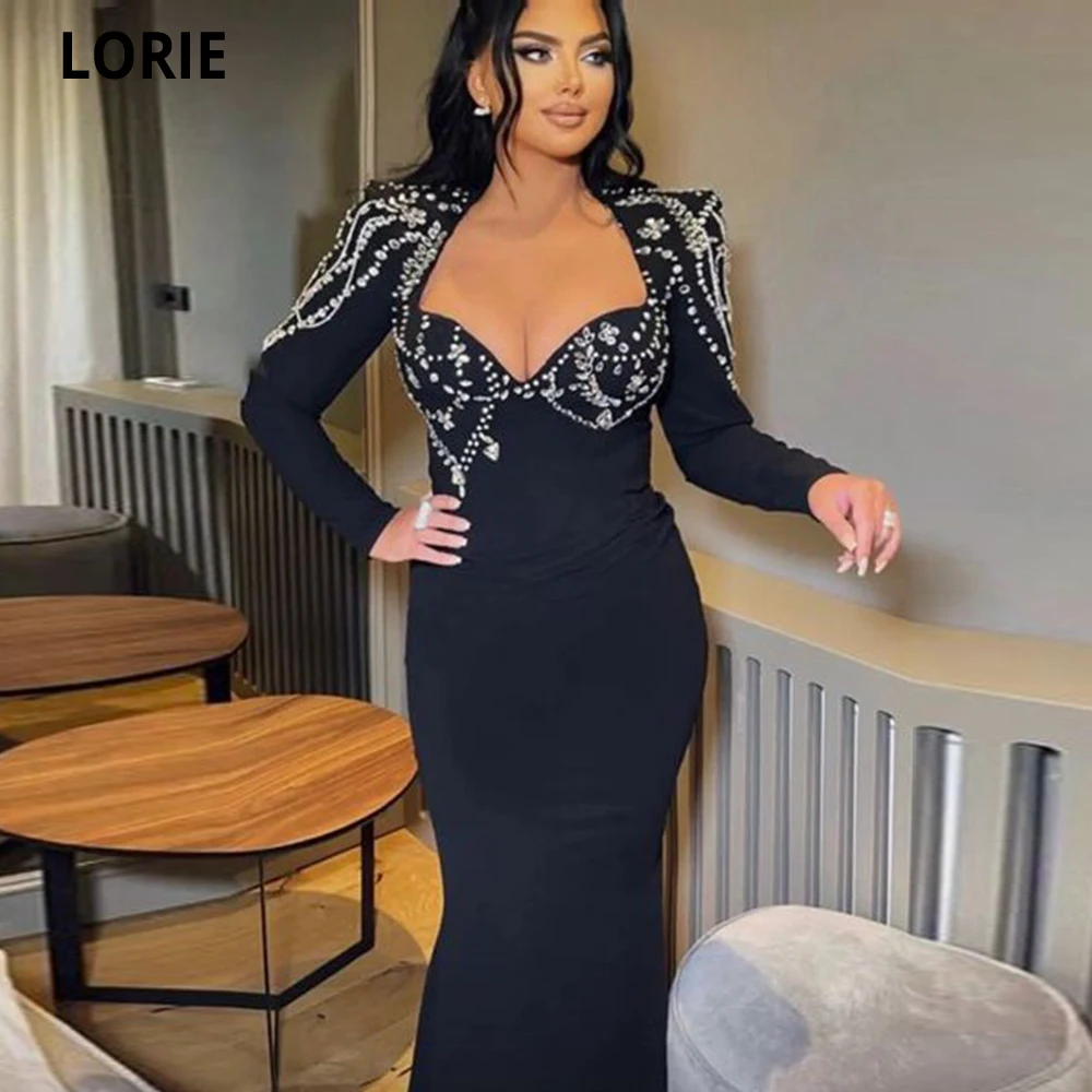 

LORIE Black Sweetheart Mermaid Prom Dresses 2023 Luxury Crystals Valentine's Day Dress Long Sleeves Saudi Arabia Robe De Soirée