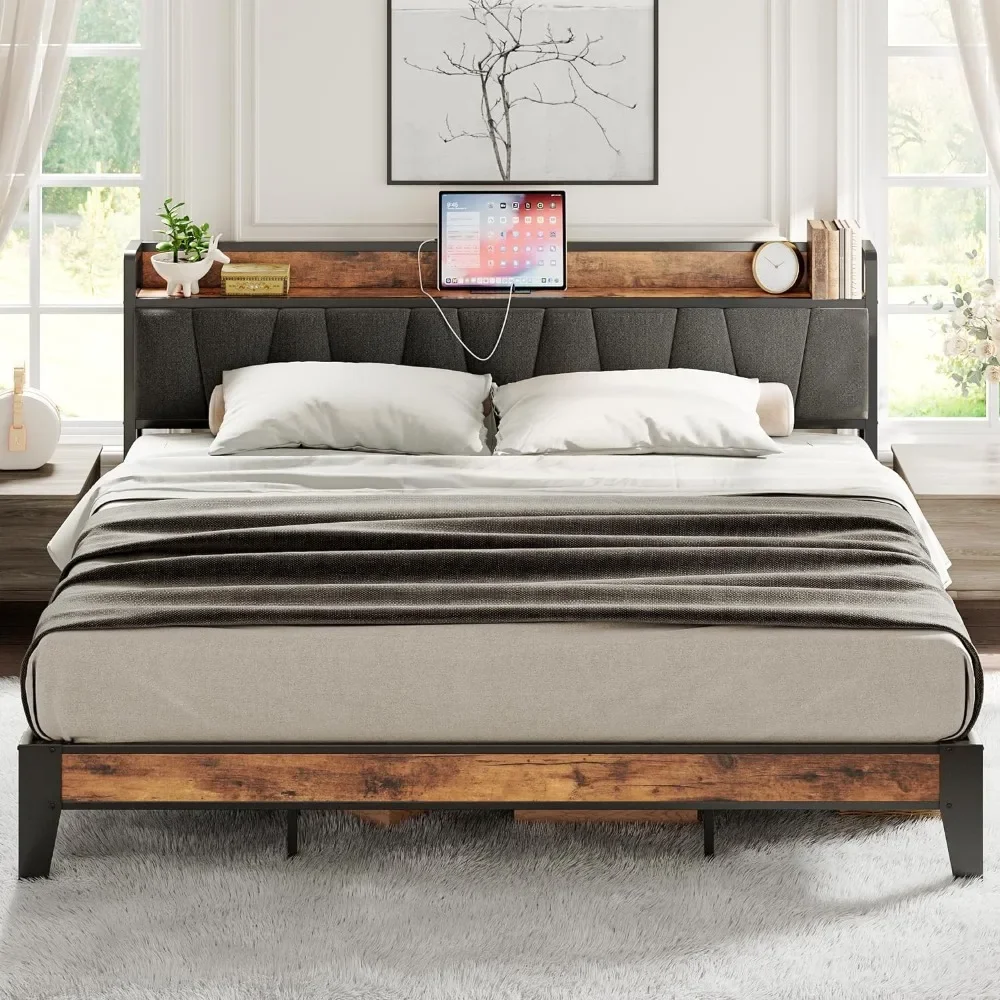 

King Size Bed Frame, Storage Headboard with Charging Station, Solid and Stable, No Box Spring Needed, Easy Assembly