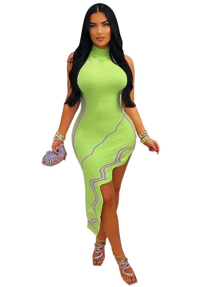 Wmstar Women's Dress New Green Slim and Sexy Sleeveless Wave Print Irregular Party Dress for Women Wholesale Dropshipping 2024