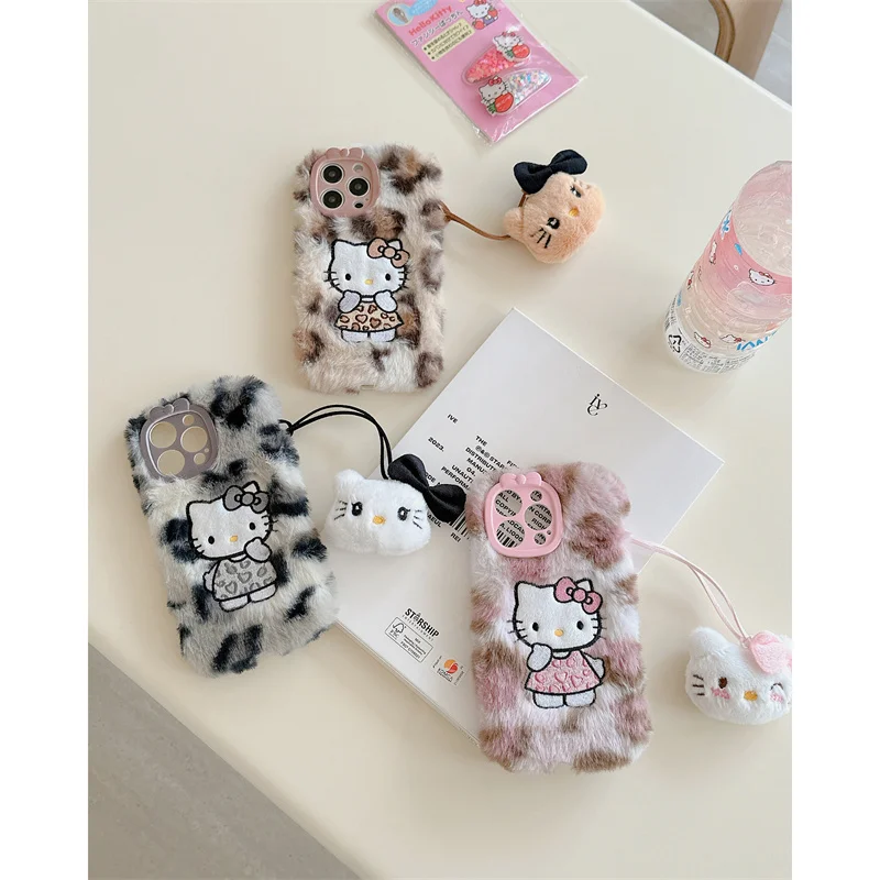 Luxury Furry Hello Kitty iPhone 15 Pro Max Case with Wrist Strap
