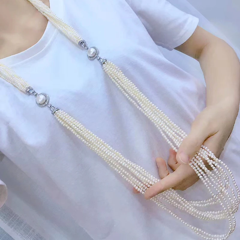 

120cm long 7rows freshwater pearl near round necklace 3-4mm nature beads for women gift wedding amazong!