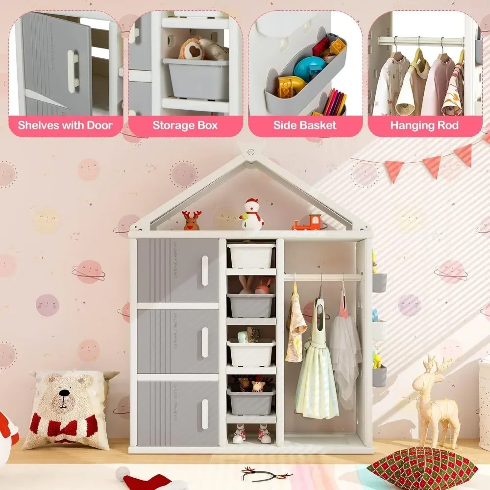 Kids Costume Storage Closet, Children Pretend Dresser Wardrobe, Open Hanging Closet with Storage Bins, Shelves, Side Baskets