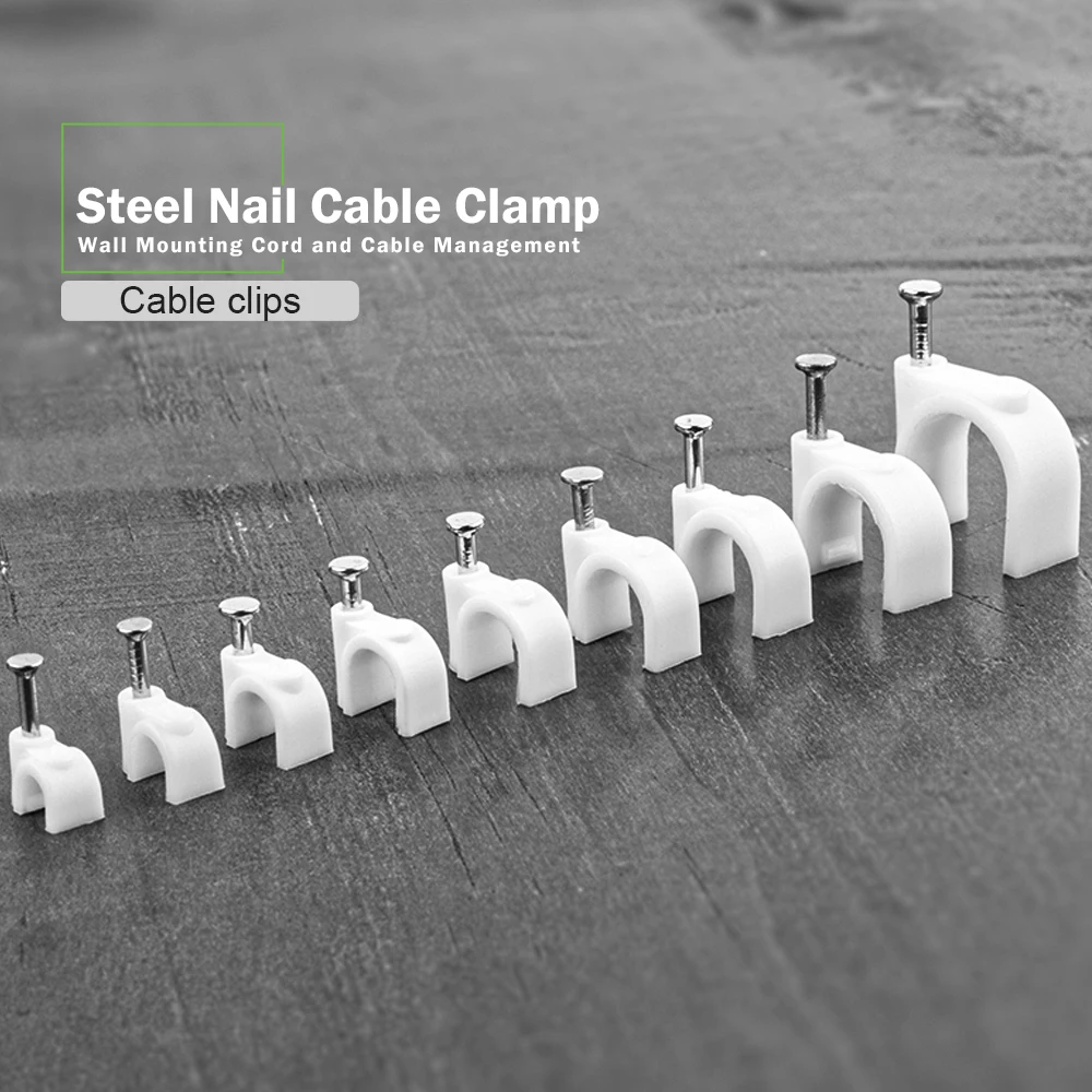 Círculo Nail Clip Wire Management Clamp, Fixação Branco Rodada Parede de Aço Pendurado Clipes Cabo, 4mm, 5mm, 6mm, 7mm, 8mm, 9mm, 10mm, 12mm, 100 PCes