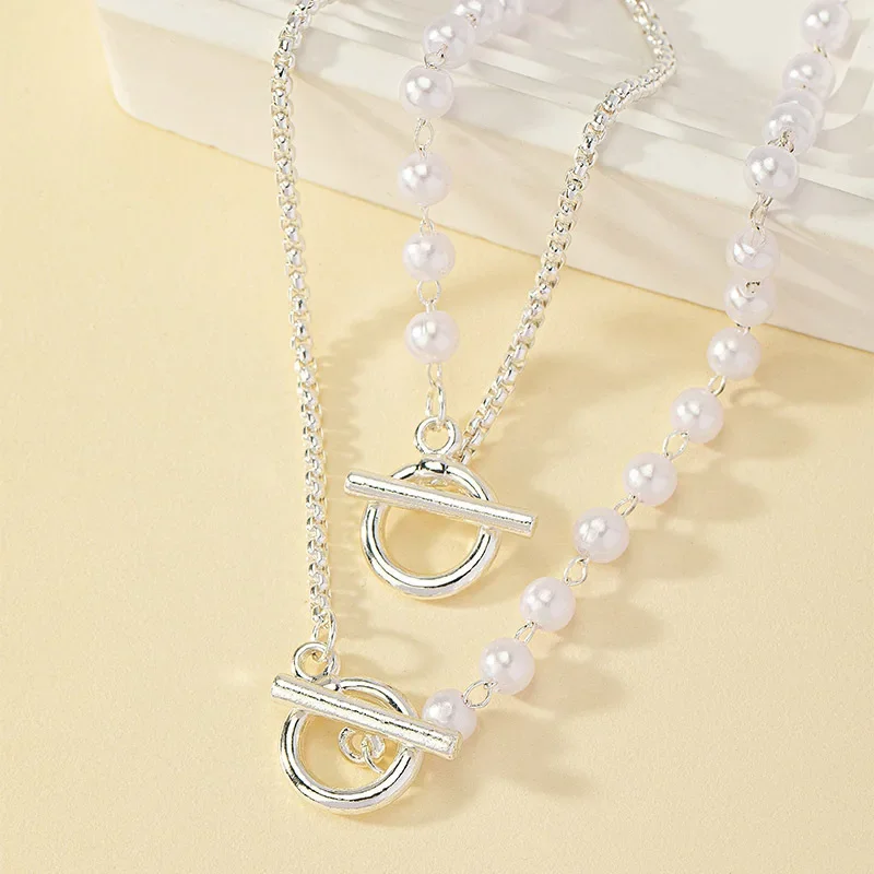 2pcs Elegant Imitation Pearl Beaded Choker Necklaces Bracelet Set for Women Buckle Wedding Party Jewelry Set Gift