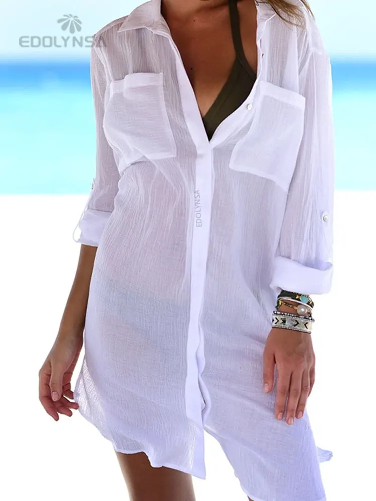 New Beach Cover up robe Plage Pocket Swimsuit Cover up Sarong Beach Shirt Tops Bathing Suit Women Beachwear Pareo Tunic #Q469