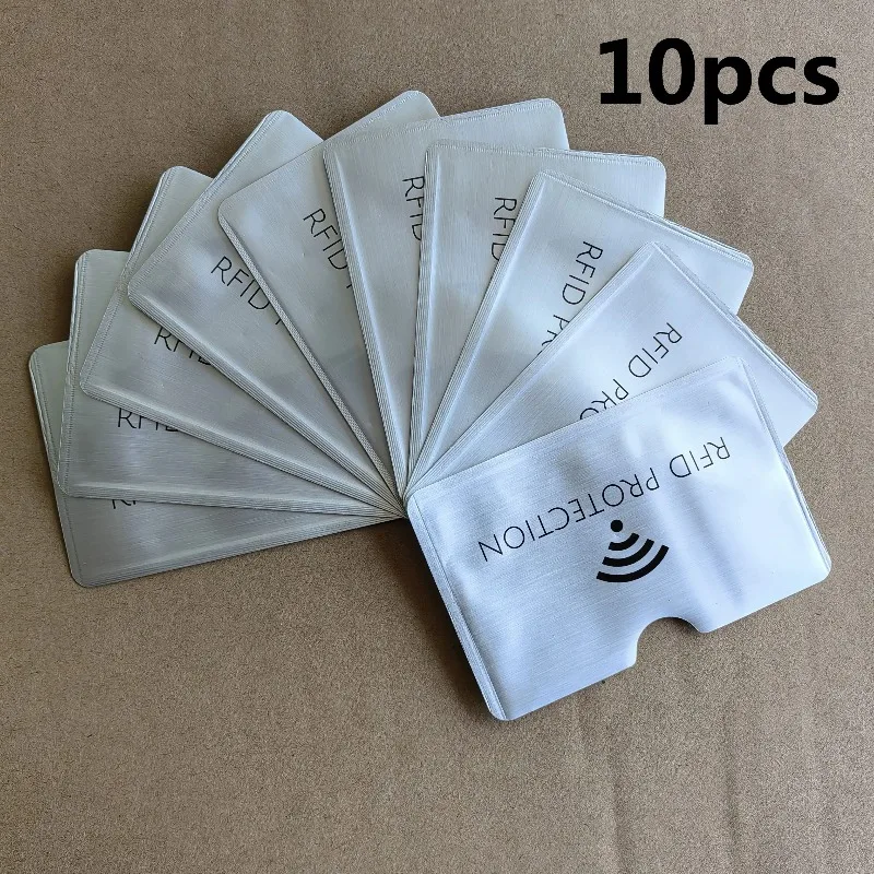 Set of 10 aluminum RFID blocking card sleeves on display