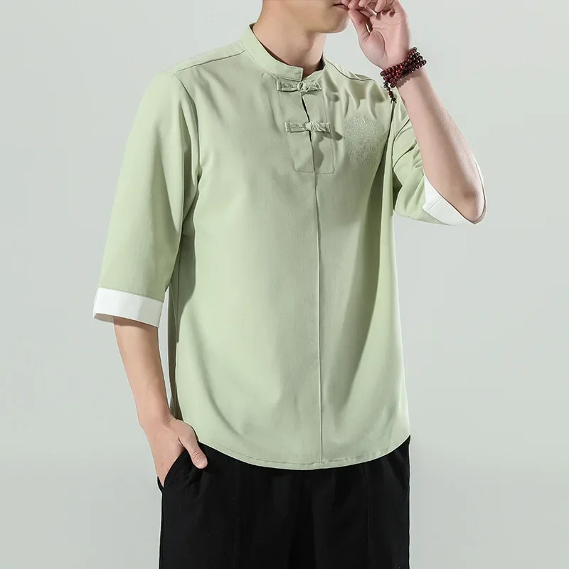 Summer New Chinese Style Linen Men's Casual Short Sleeve Shirt Large Size Cotton Linen Button Embroidery Hanfu Male Clothing