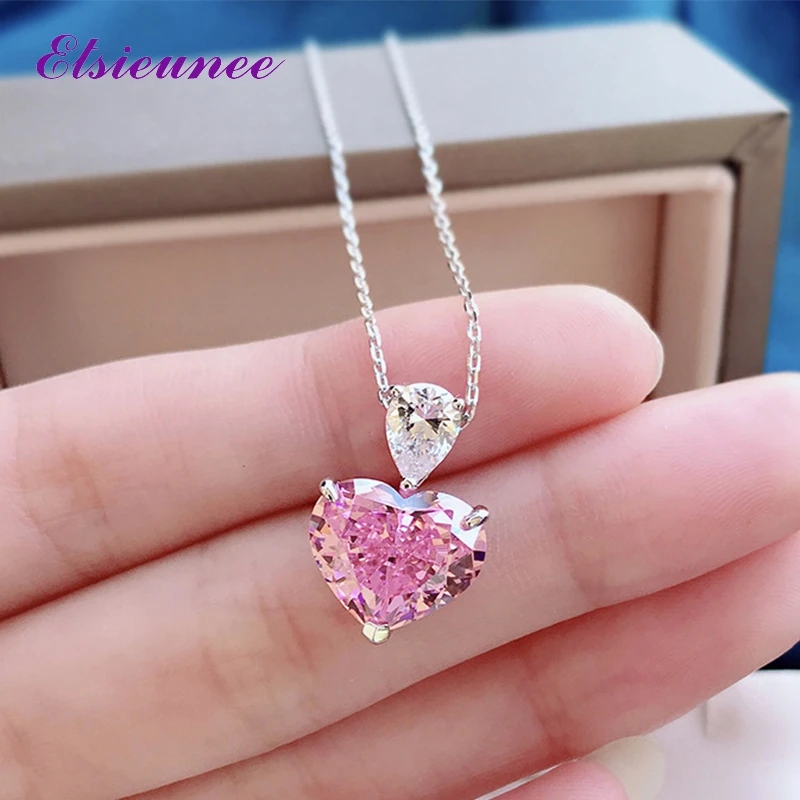 

ELSIEUNEE 100% 925 Sterling Silver Sapphire High Carbon Diamond Gemstone Wedding Heart Pendant Necklaces Girls Fine Jewelry Gift