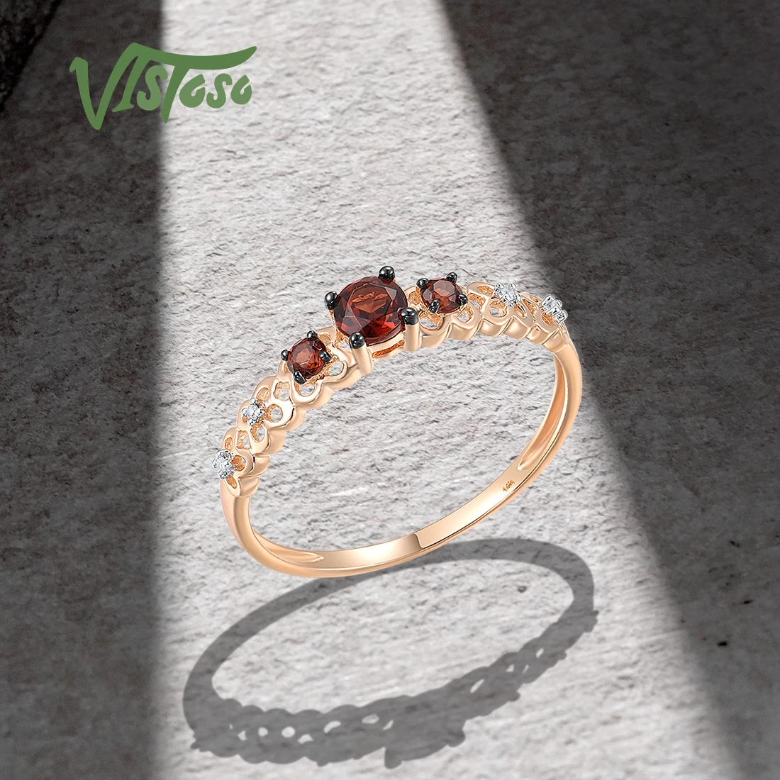VISTOSO 여성용 진짜 14K 585 로즈 골드 반지, 반짝이는 다이아몬드 가넷, 할로우 섬세한 웨딩 파티, 귀여운 트렌디 파인 주얼리