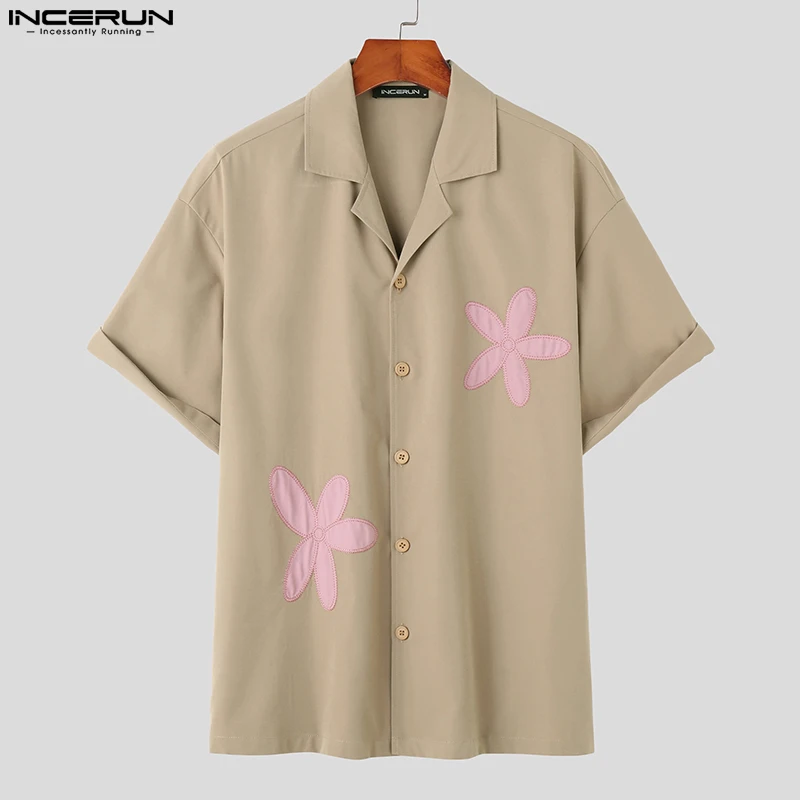 INCERUN Tops 2023 Handsome New Men's Funny Flower Pattern Shirts Leisure Streetwear Male Lapel Loose Short Sleeved Blouse S-5XL