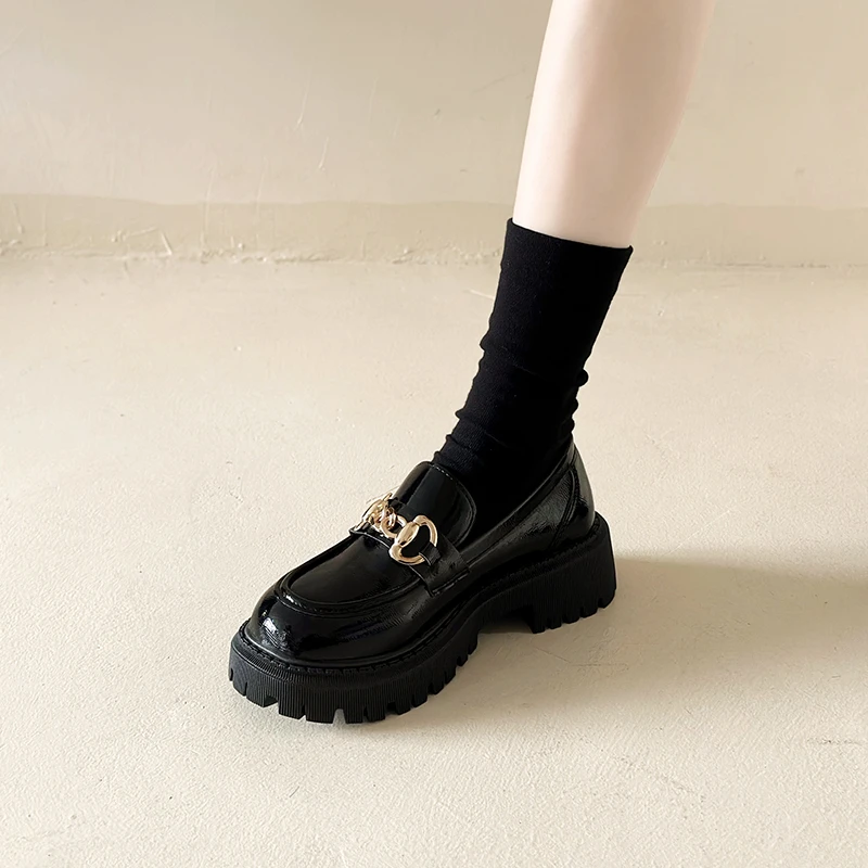 Leather Women Pumps Heels Loafers Metal Button Black Platform Women's Shoes Fashion JK Lolita Soft Soled Student Office Shoes