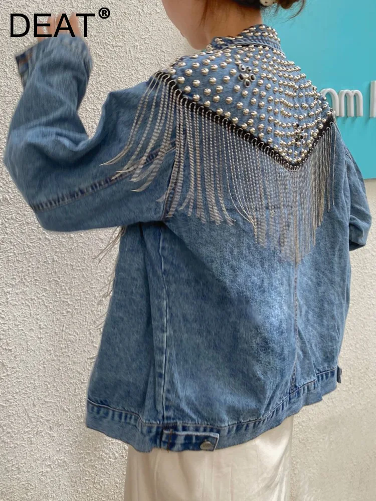 

DEAT Short Style Tassel Bead Denim Jacket Women Lapel Single Breasted Loose Casual Coat Female 2024 Autumn Spring Trend 15G0493