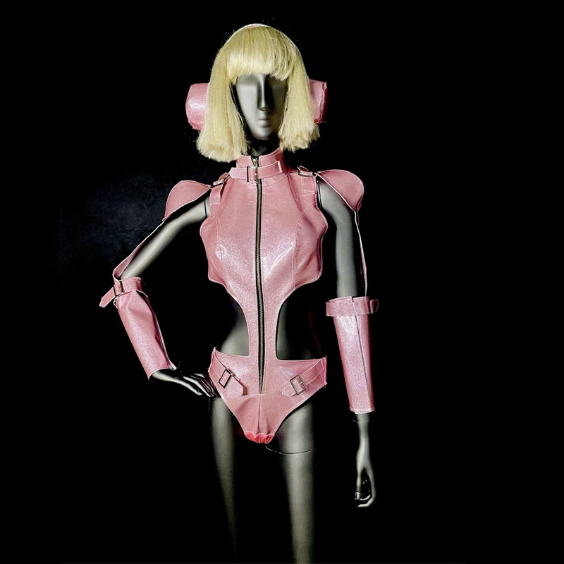 

Tech Style Pink Leather Hollow Bodysuit Sexy Pole Dance Clothing Gogo Costumes Women Nightclub Ds Rave Outfit Stage Wear XS7007