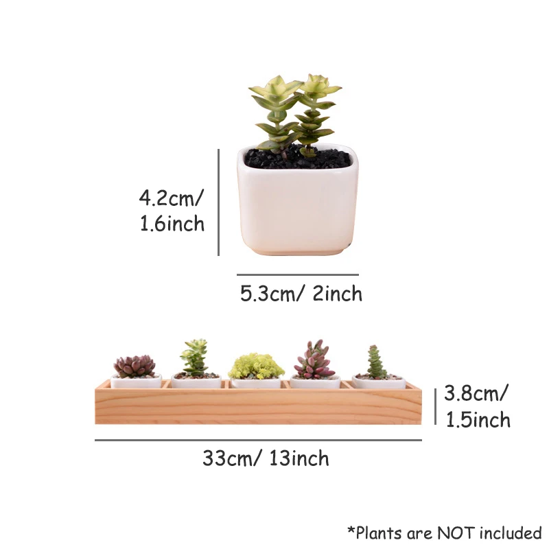 Set of 5 Pcs Ceramic Planters with Bamboo Wooden Tray, Flower Pots for Succulents Cactus Bonsai Plants Home Desktop Decoration