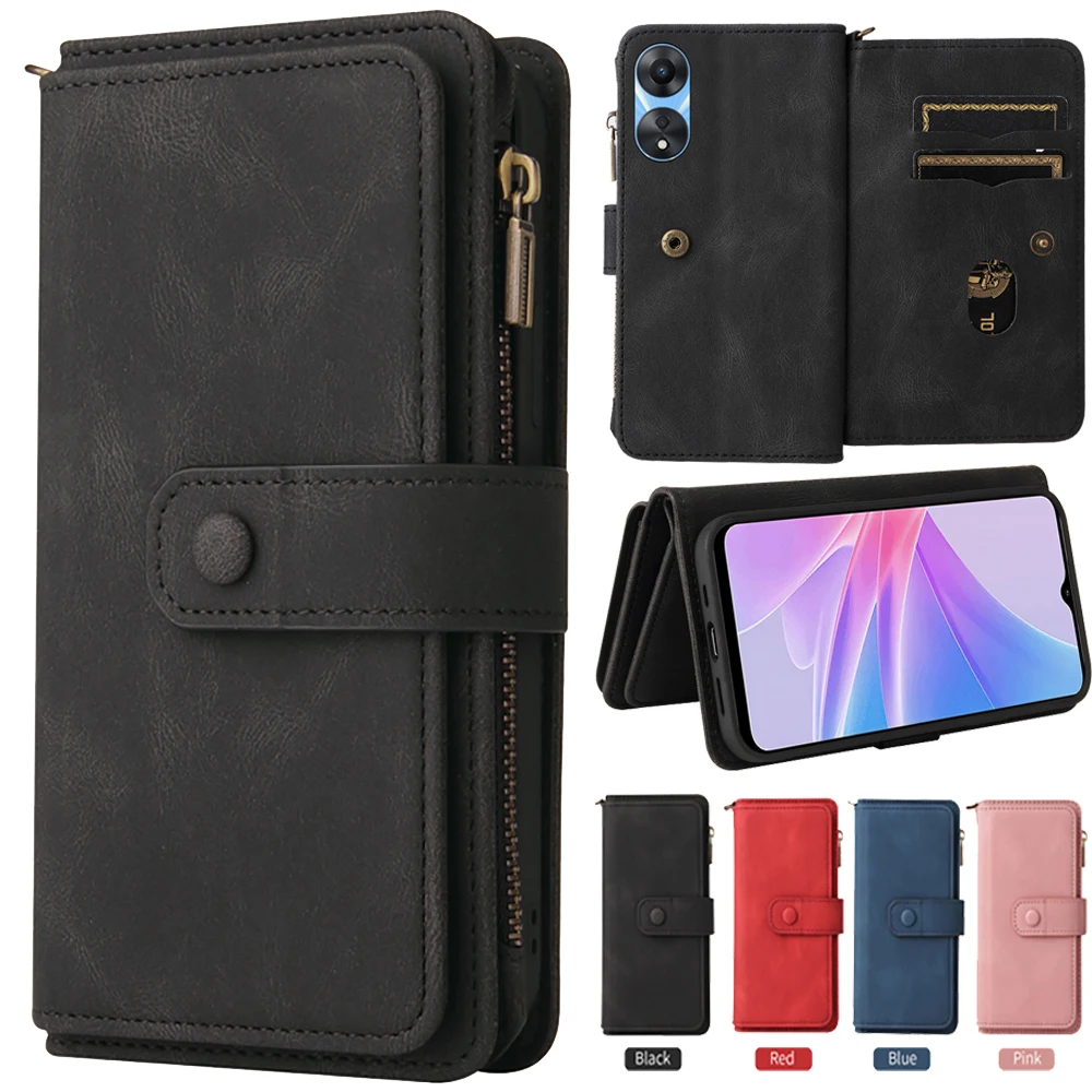 

For OPPO A79 A 78 A58 5G Multi 15-Card Slot Zipper Leather Flip Funda For OPPO A38 A18 A17 A 79 58 A78 A17K Wallet Book Case