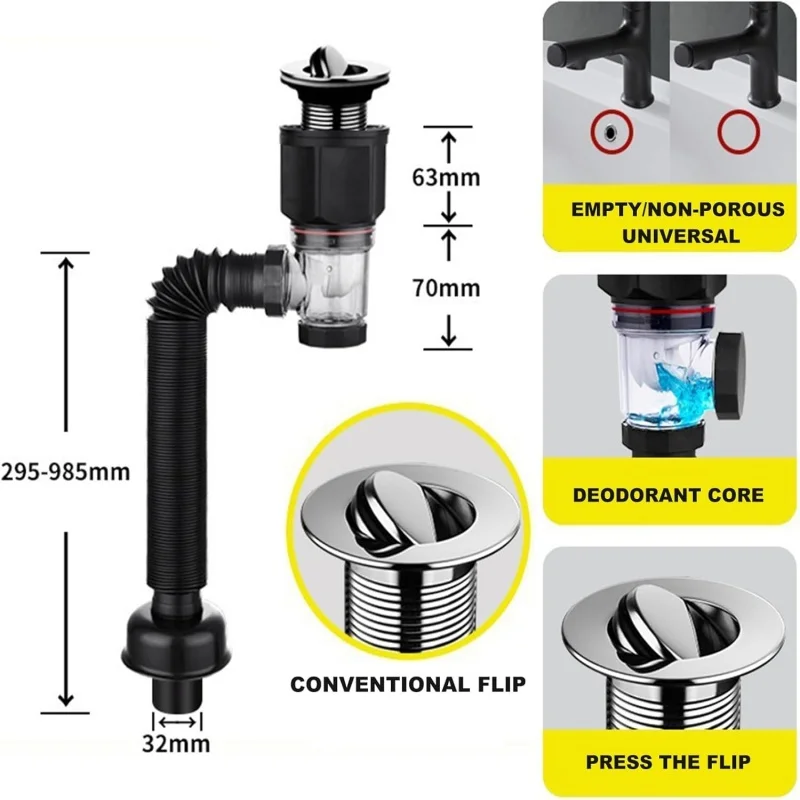 Kitchen Sink Drain Pipes Flip-Top Retractable Deodorizing