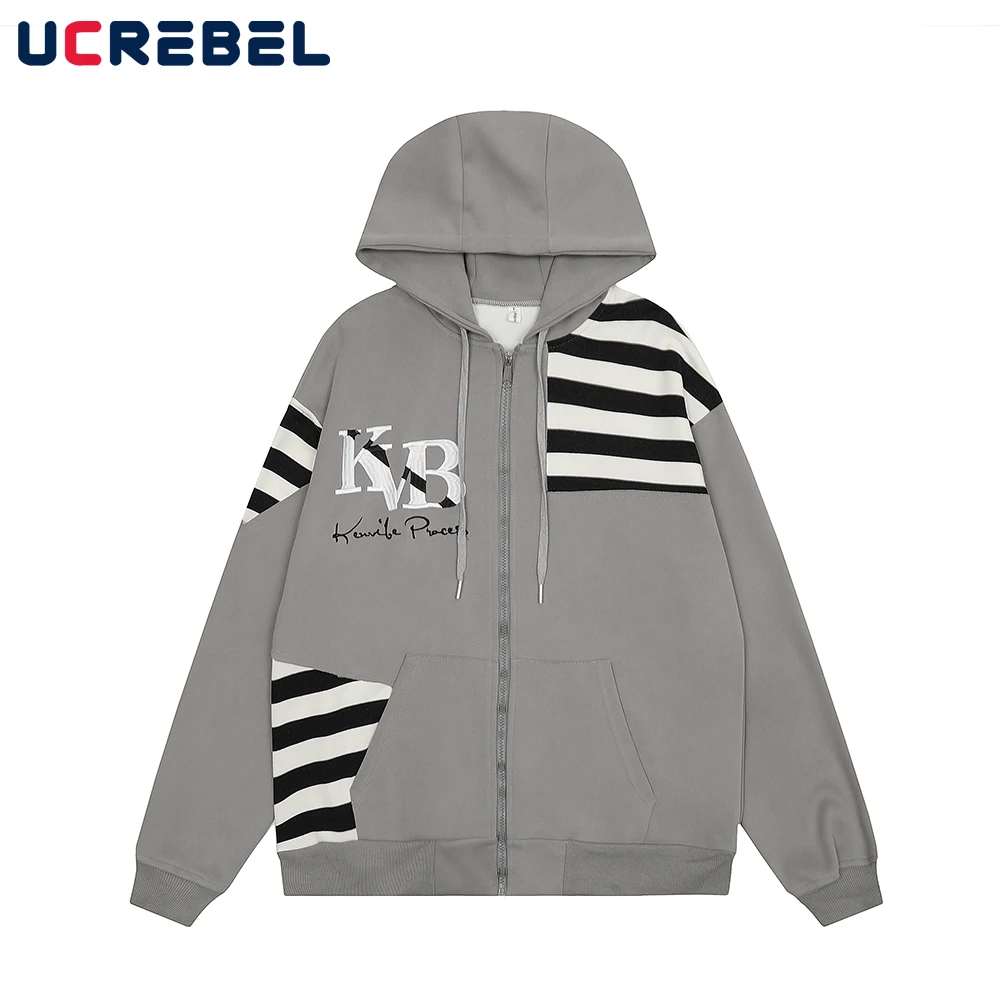 

Contrast Paneled Casual Sweatshirts Mens Autumn Loose Letter Embroidery Streetwear Zipper Hooded Outerwear