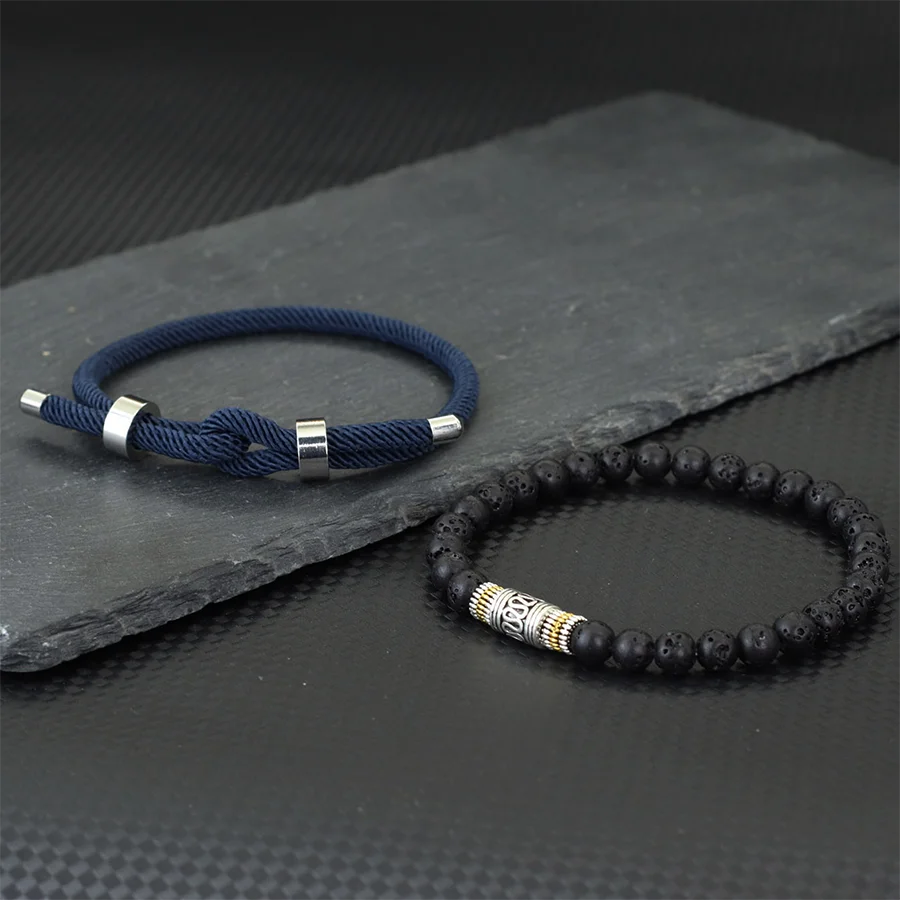 Men Bracelet Set 4mm Rope Charm Lava Onyx Stone Beaded Good Luck Red Cord