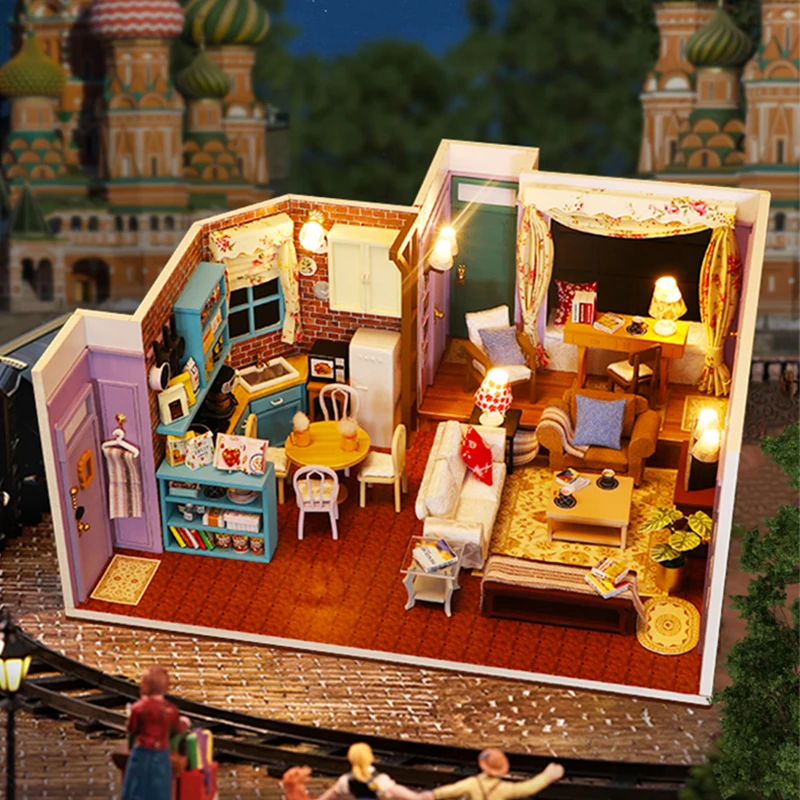 DIY Wooden Miniature Model Kit Friends Casa 3D Puzzle Monica‘s Room Villa Dollhouse With Furniture Lights Home Decor Gifts 2