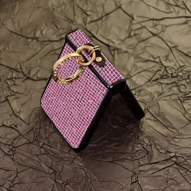 Sparkling Grid Pattern Phone Case with Fashion Faux Diamond Ring Buckle - Hard Shell Design