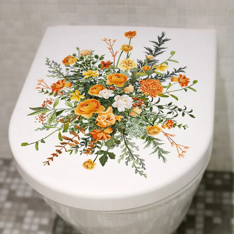 Toilet Stickers Seat Cover Toilet Tank Orange Beautiful Flowers Leaves Home Decorative Self-adhesive Paper Wall Art Waterproof